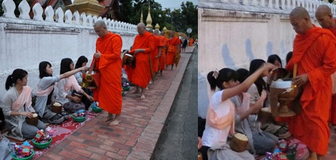 早朝に列を成して歩く僧侶にもち米を渡す日本高校生