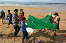 3/29 タスマニアコールズビーチでイルカの砂の造形を作り、座礁イルカ救出のシミュレーション体験をするメンバー